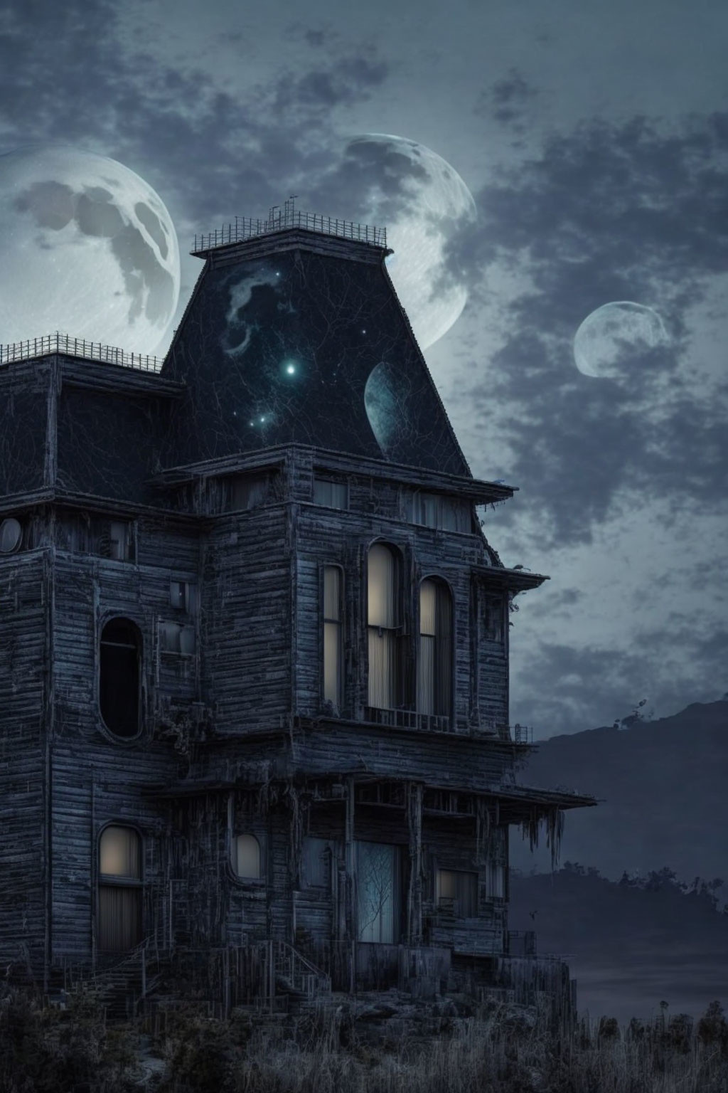 Eerie depiction of abandoned house under dual moons