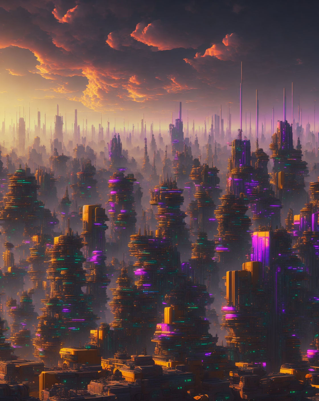 Futuristic cityscape at sunset with illuminated skyscrapers