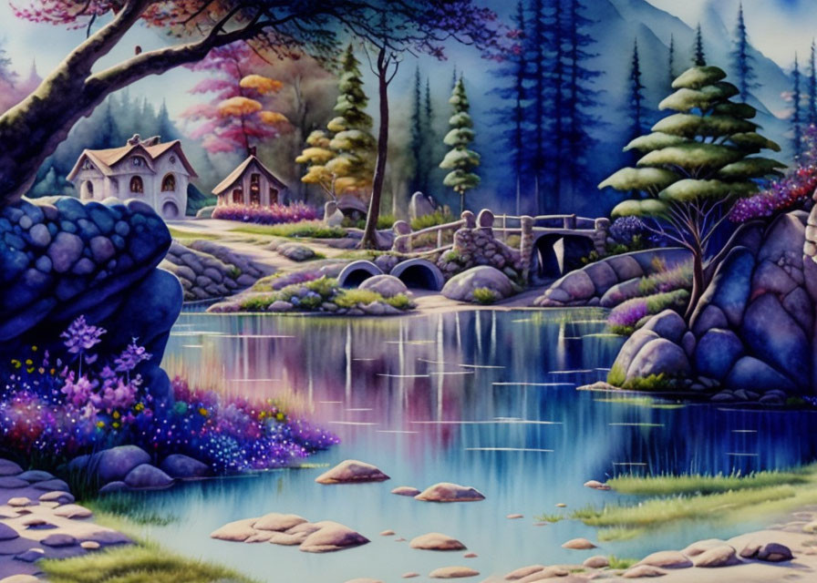 Serene lakeside scene with cottage, bridge, and colorful flora at twilight