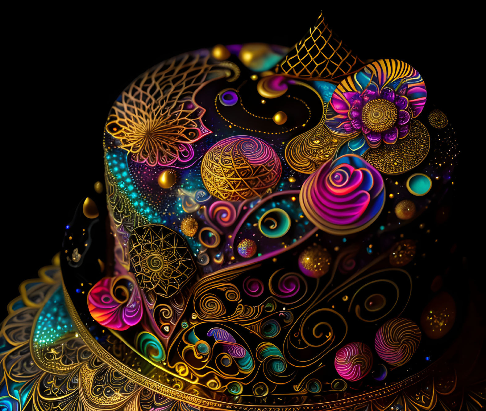 Colorful mandalas and psychedelic patterns on black background.