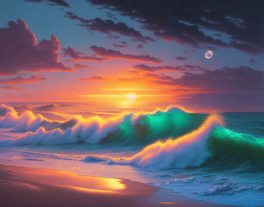 Vibrant Sunset Seascape with Glowing Waves and Starry Sky