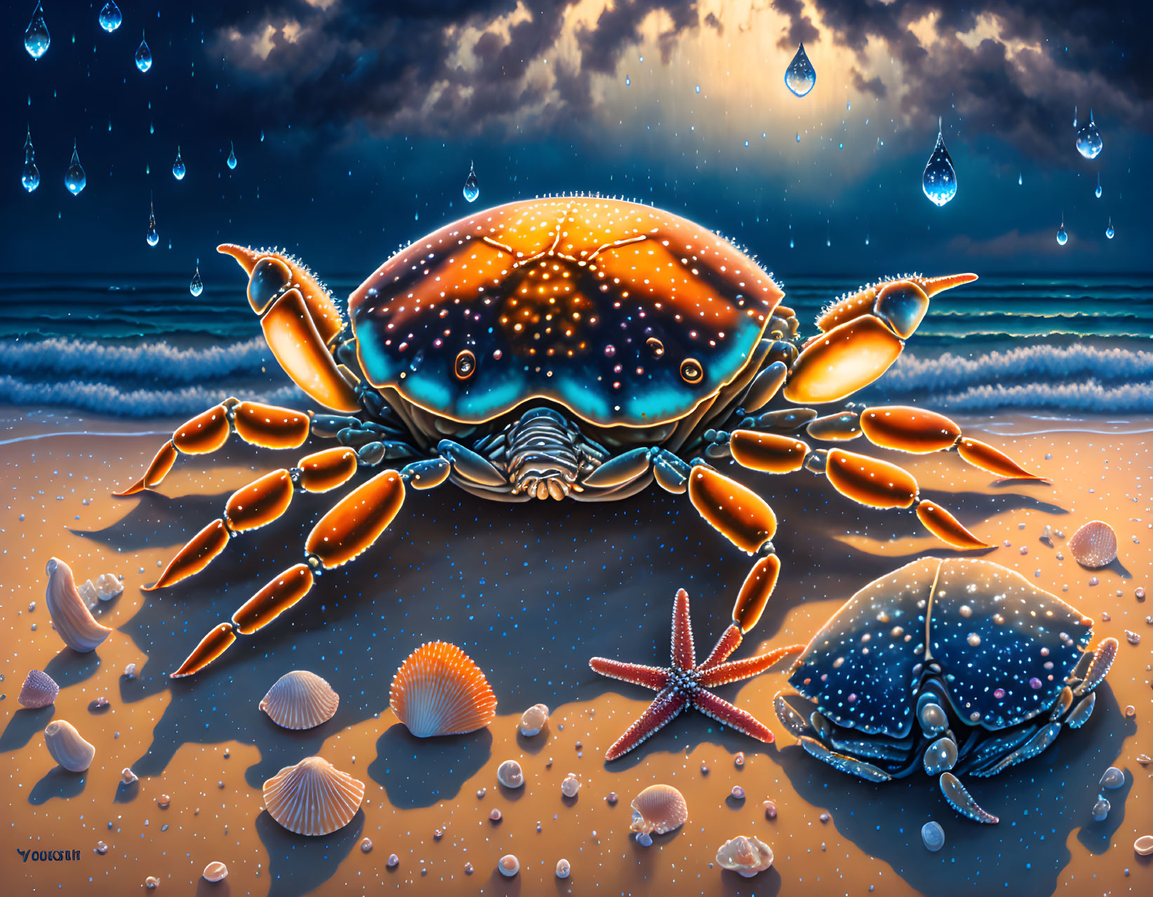 Vibrant digital artwork: crab on beach with seashells, starfish, water droplets