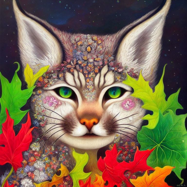 Whimsical Cat Portrait with Autumn Leaves and Floral Patterns