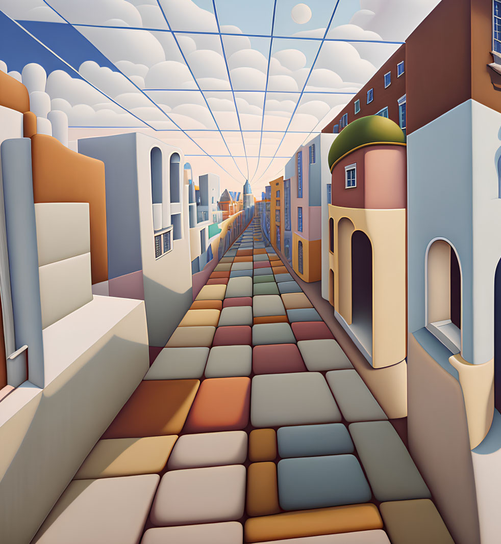 Surreal Landscape with Colorful Buildings and Sunset