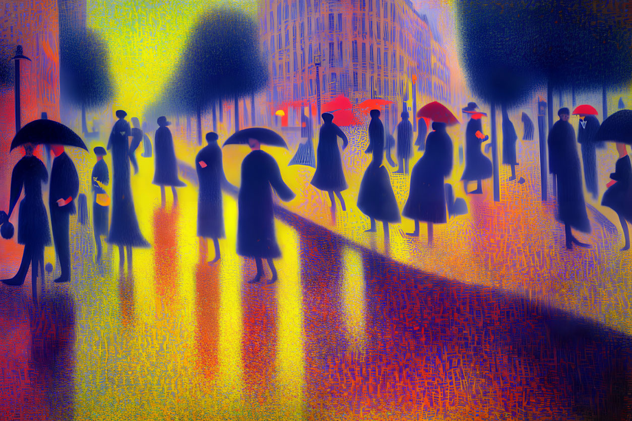 Impressionistic City Scene with Umbrellas in Rain