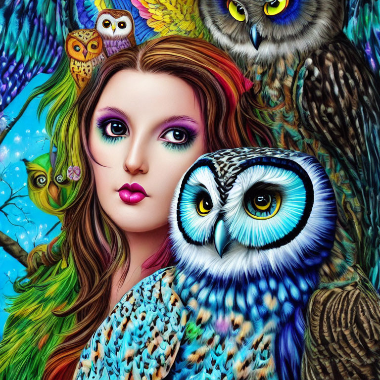 Vibrant Portrait of a Woman with Colorful Hair and Owls