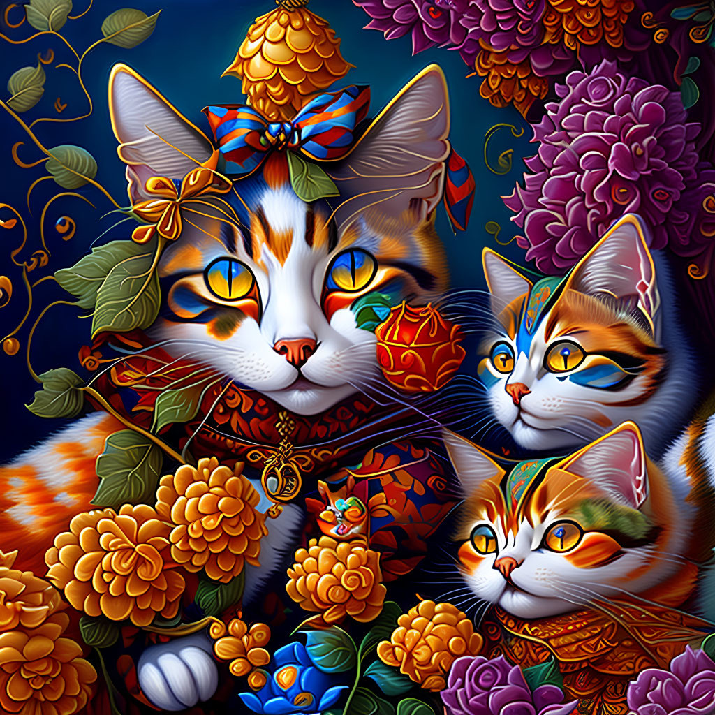 Vibrant Cats with Colorful Accessories and Floral Patterns