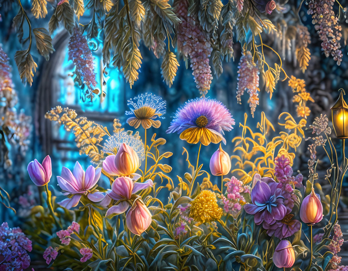 Enchanting dusk garden with vibrant flowers and glowing lantern