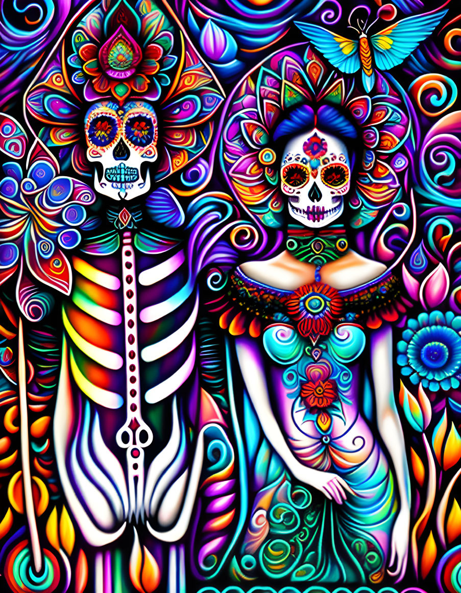 Colorful Illustration of Skeletal Figures with Floral Motifs