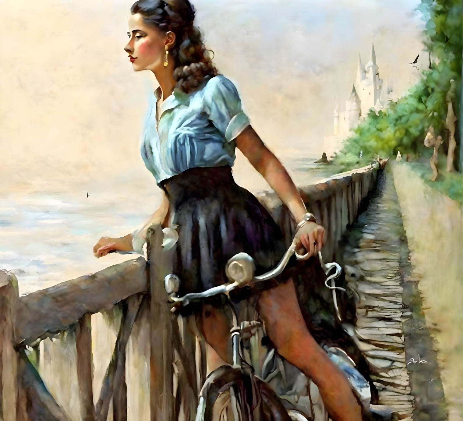 Woman with bicycle by river, castle in background