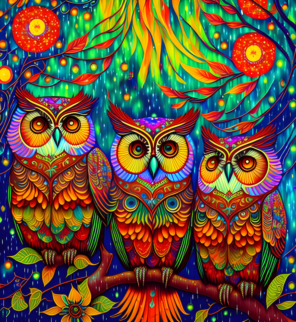 Colorful Stylized Owls Perched on Branch with Fiery Backdrop