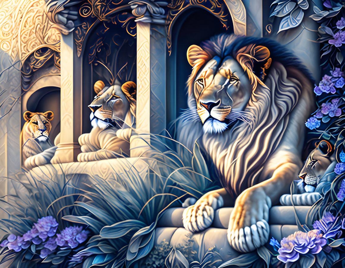 Stylized lion art in lush environment with male and female lions among classical pillars, vibrant blue and