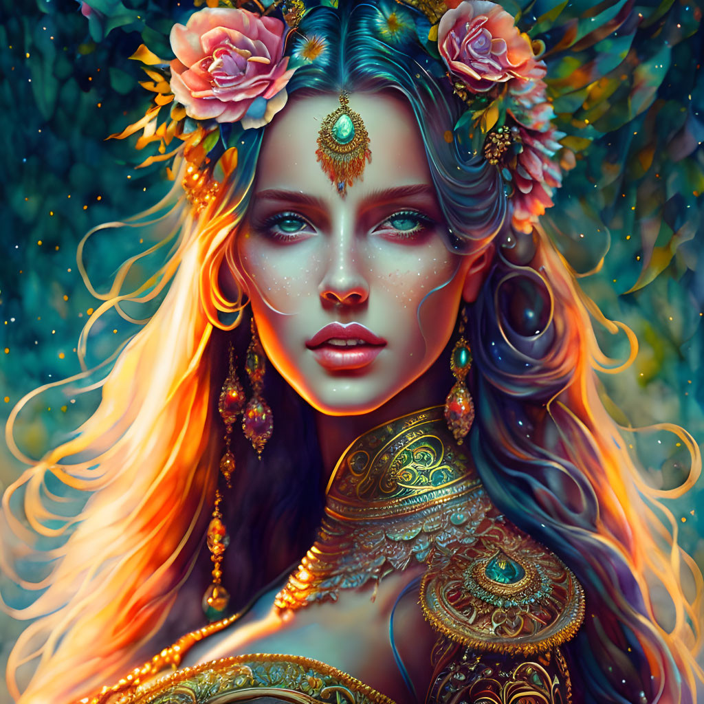 Fantasy illustration: Woman with floral headpiece and gold jewelry