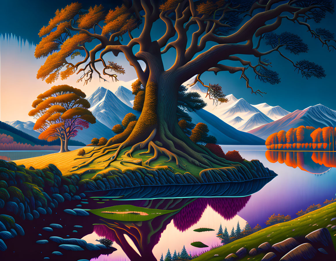 Surreal Landscape with Majestic Tree and Tranquil Lake