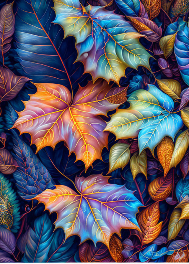 Colorful Digital Artwork Featuring Stylized Leaves in Blues, Purples, and Golds