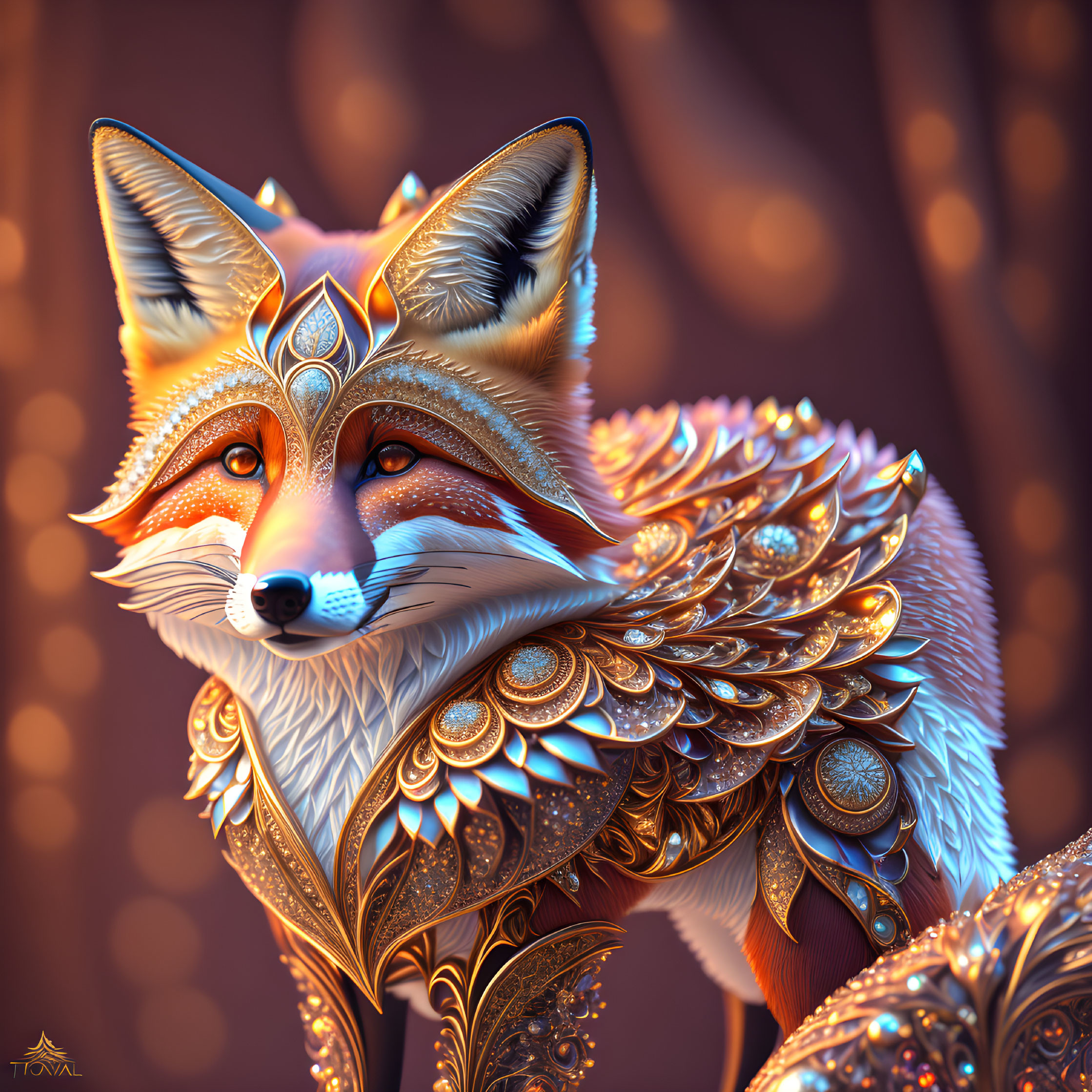 Stylized fox in golden armor with intricate patterns on bokeh background