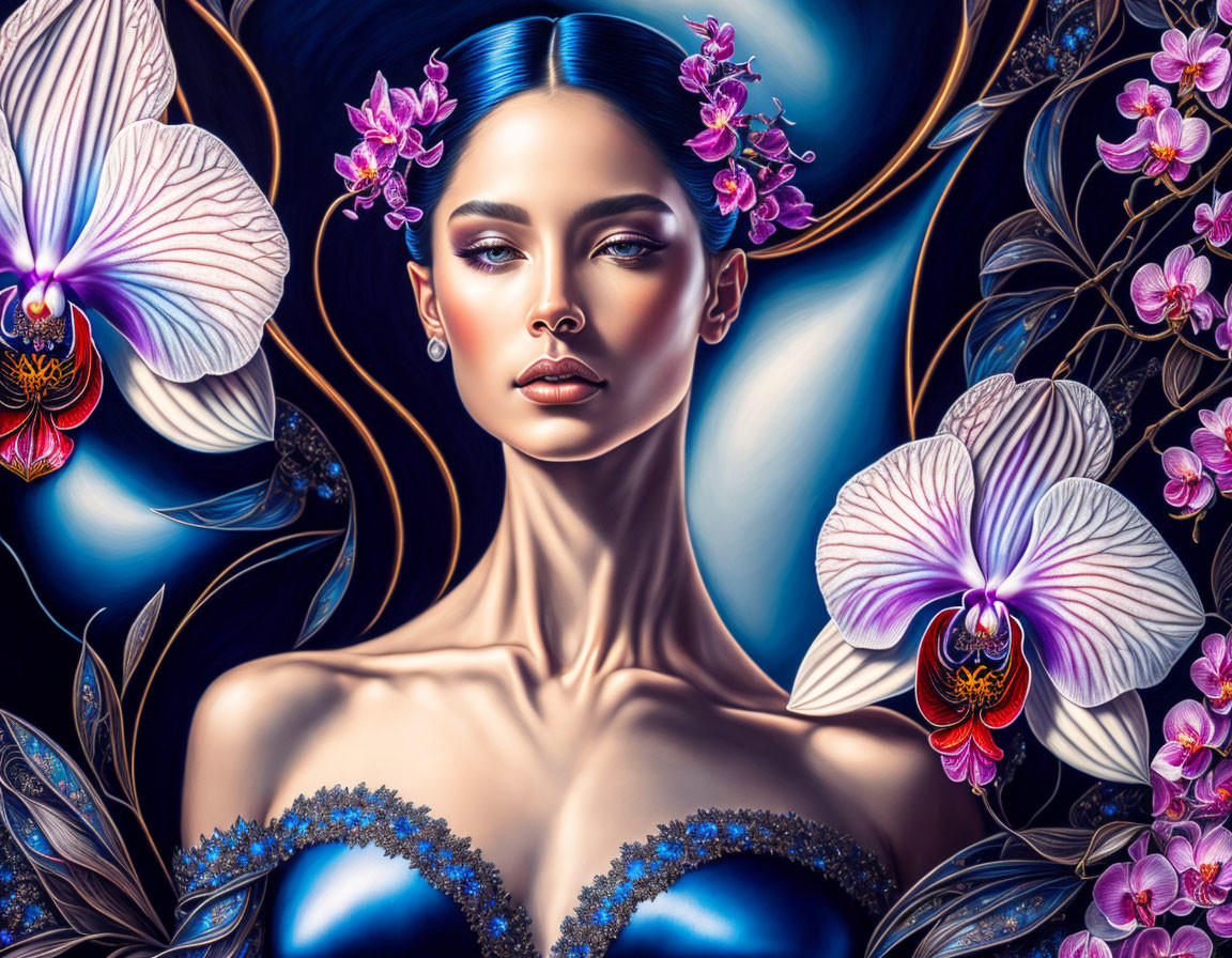 Portrait of a woman with orchids and floral details