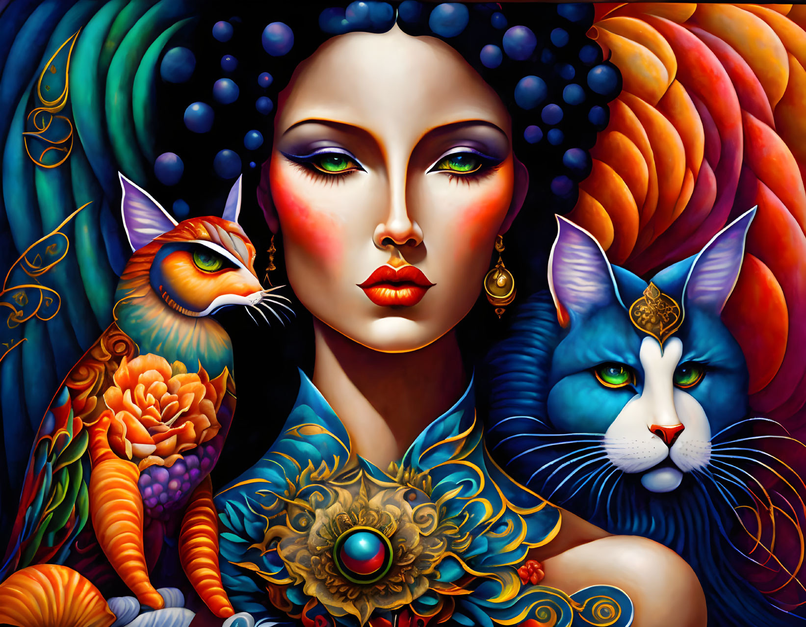 Colorful Artwork: Woman's Face with Orange and Blue Stylized Felines