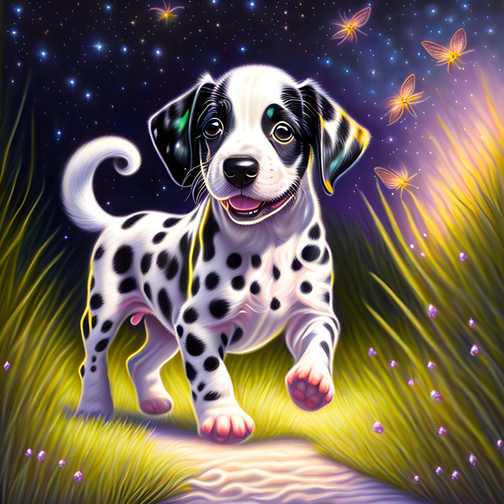 Adorable Dalmatian Puppy in Magical Meadow with Glowing Butterflies