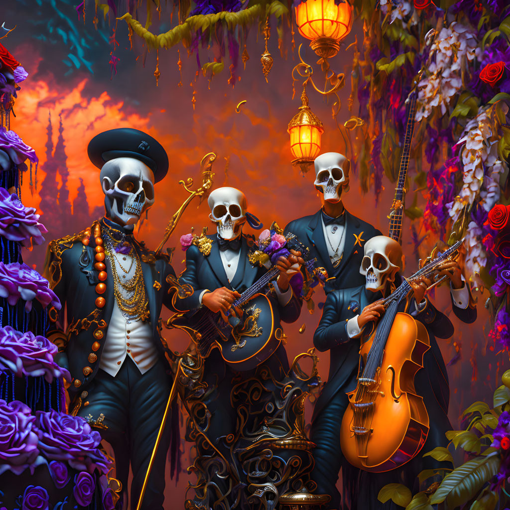 Skeleton Musicians in Fancy Attire Among Colorful Flowers and Lanterns