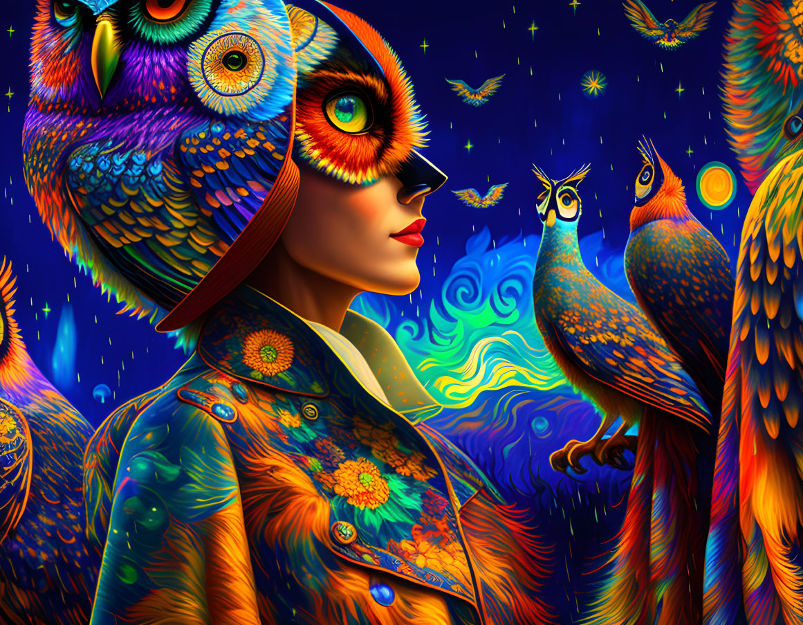 Digital artwork: Woman in owl mask with peacocks in starry night sky