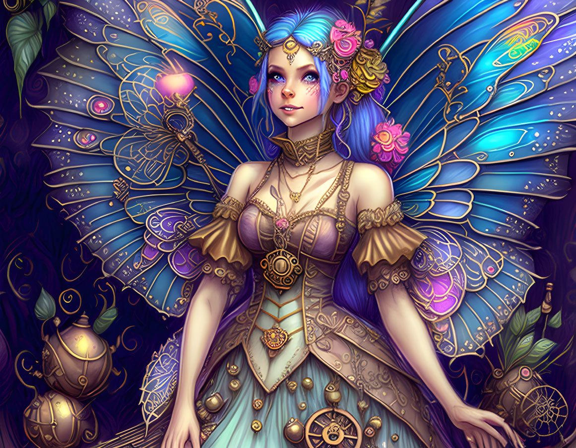 Blue butterfly-winged fairy in enchanted forest with flowers and jewels