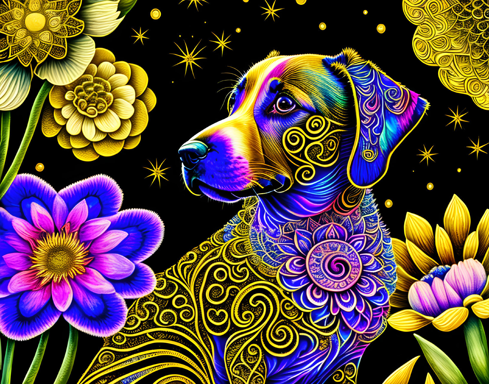 Colorful Dog Illustration with Intricate Patterns and Luminous Floral Surroundings