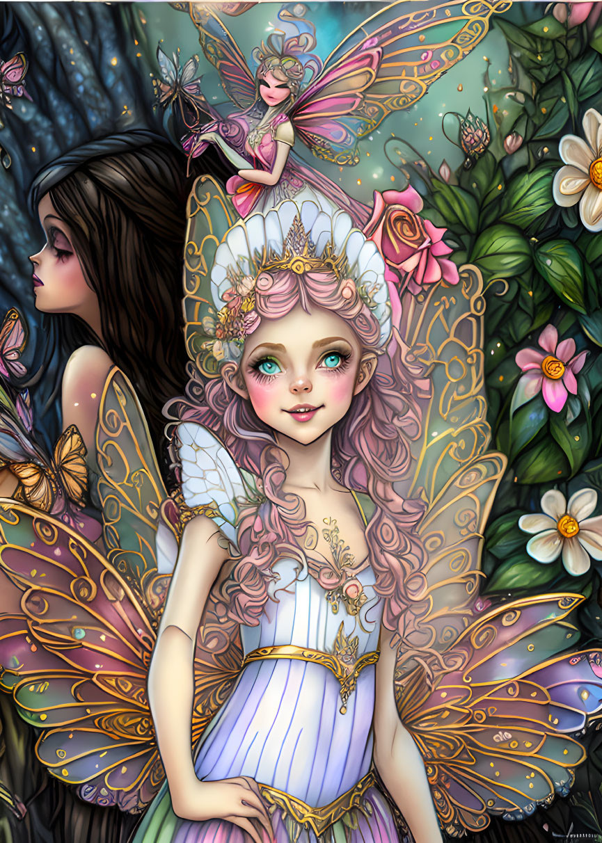 Fantasy illustration of girl with fairy wings in floral setting.