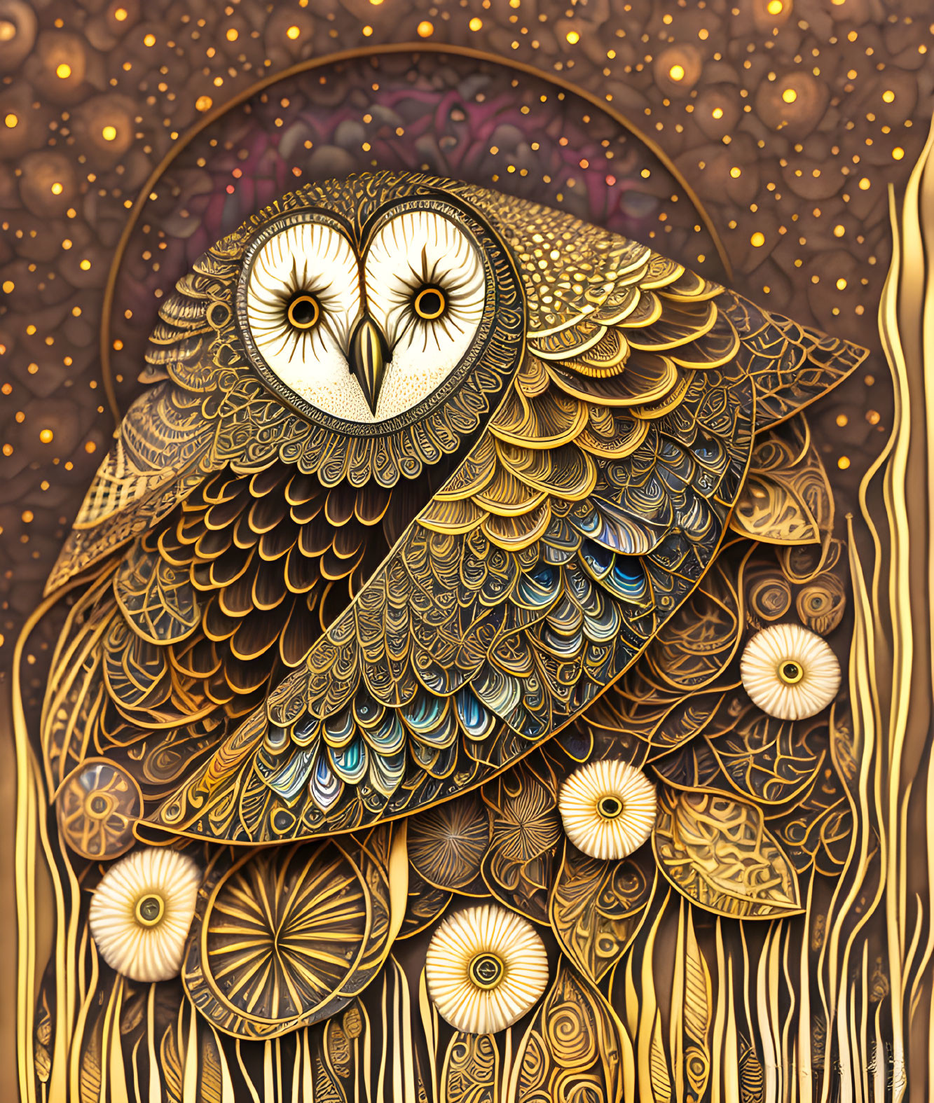 Intricately patterned owl illustration with gold and bronze tones on dark background