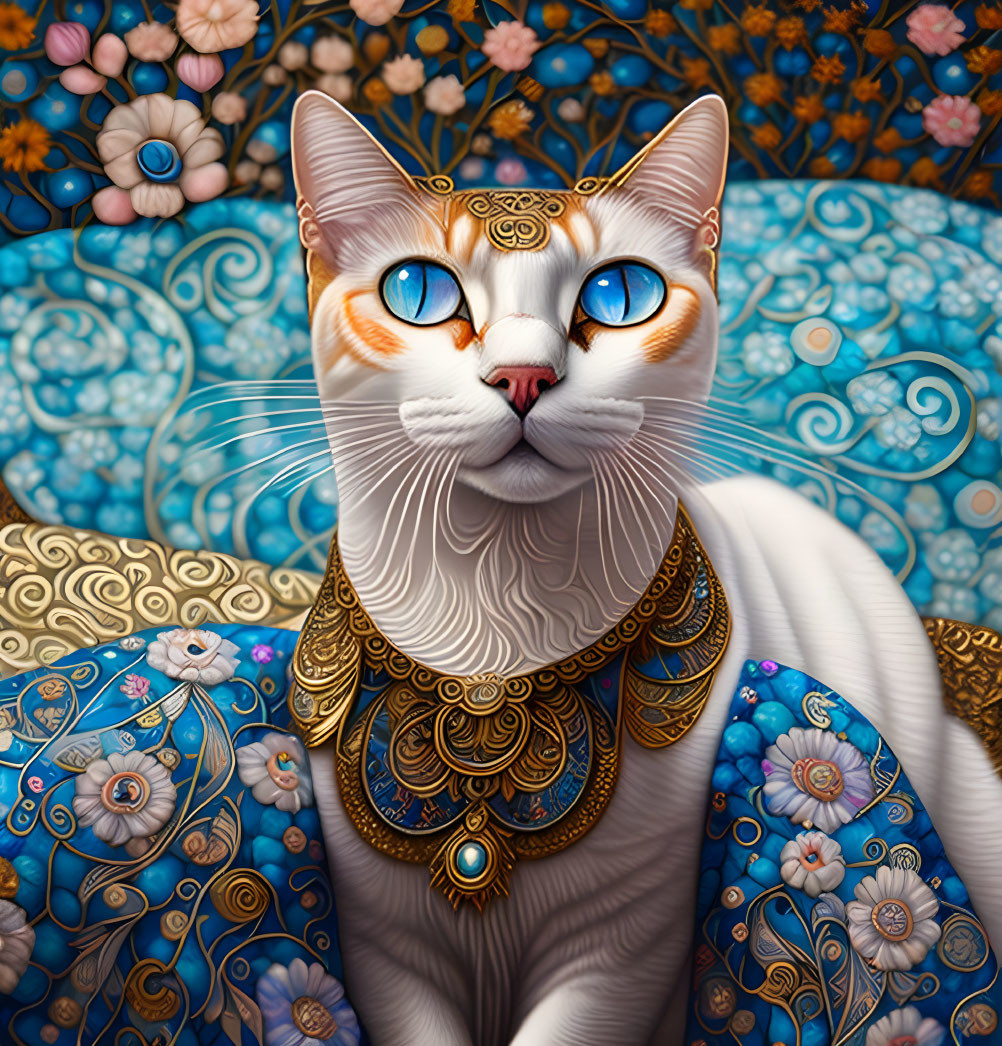 Ornate cat digital artwork with gold patterns and blue eyes