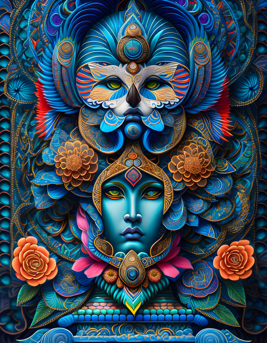 Symmetrical faces with intricate patterns in blue, orange, and gold