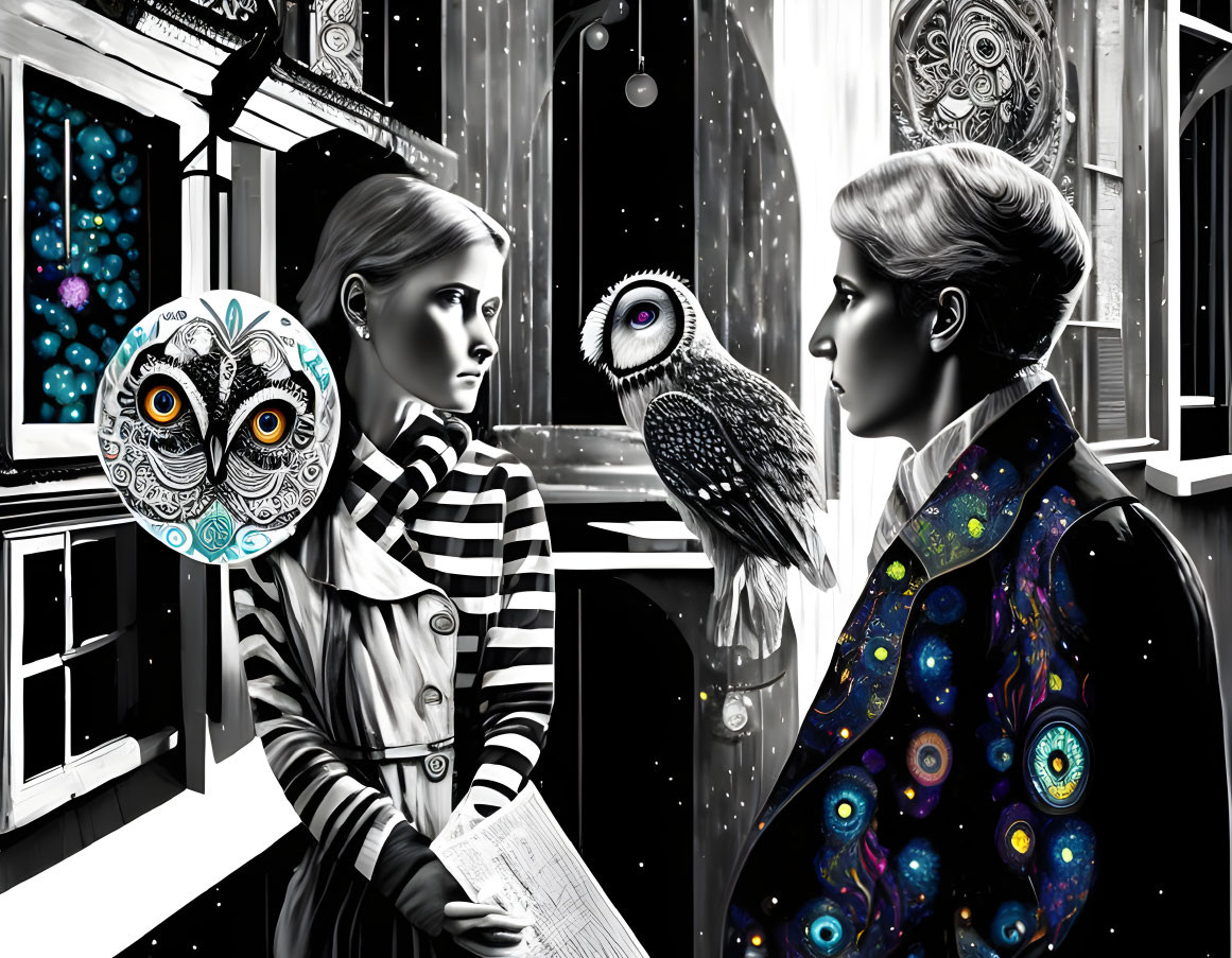 Monochrome cosmic owl-themed artwork of two people against starry window backdrop