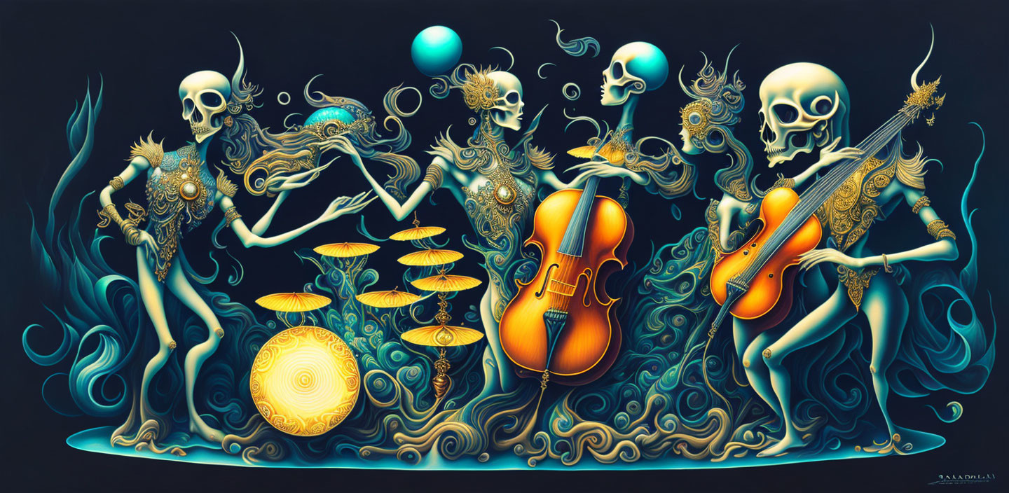 Surreal underwater scene with skeletons playing instruments