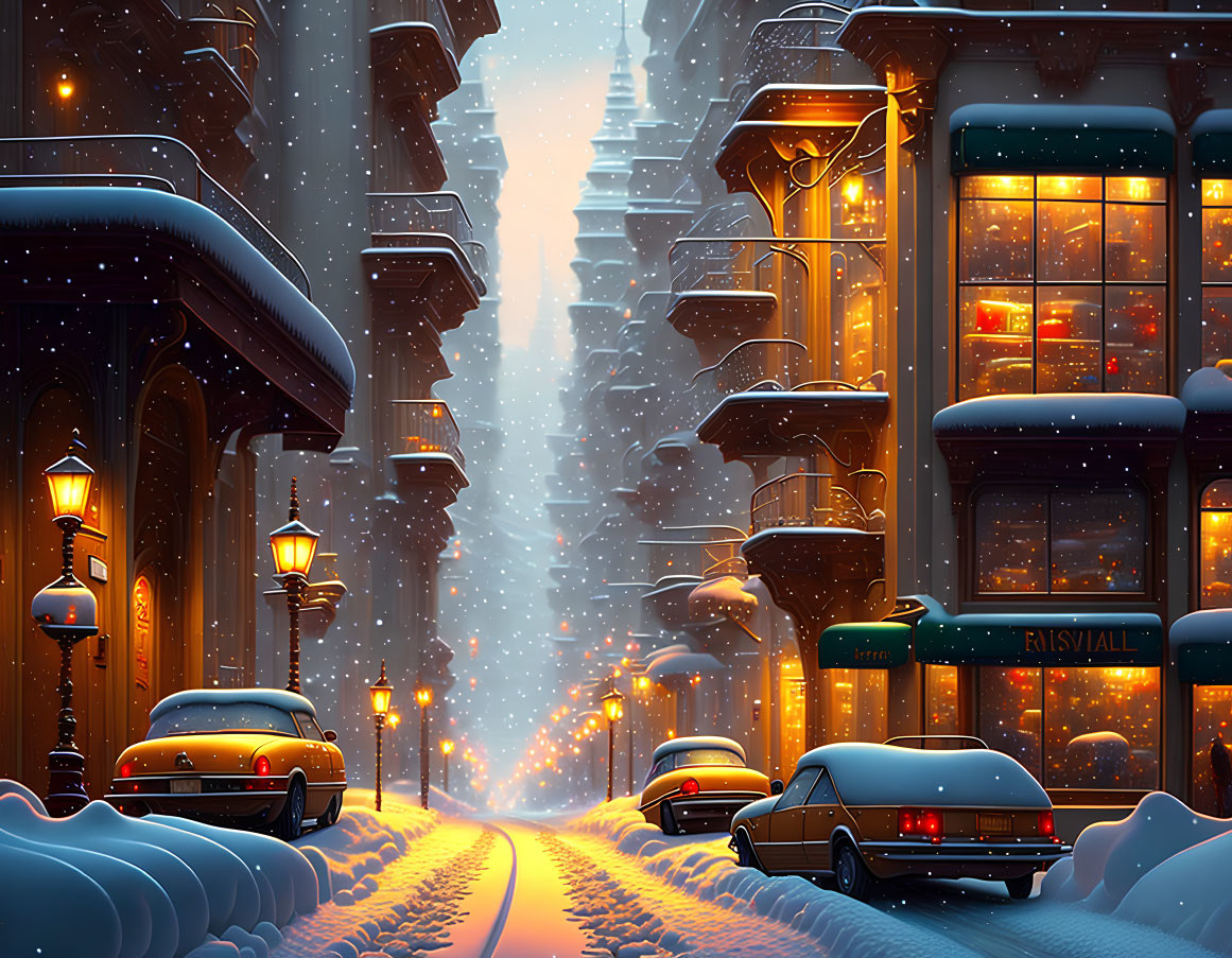 Winter Scene in a Snow-Covered City Street