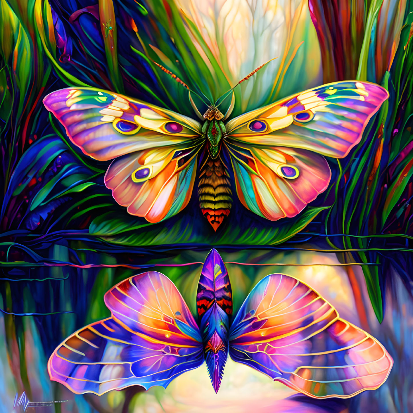 Colorful butterflies artwork perched on vibrant flora