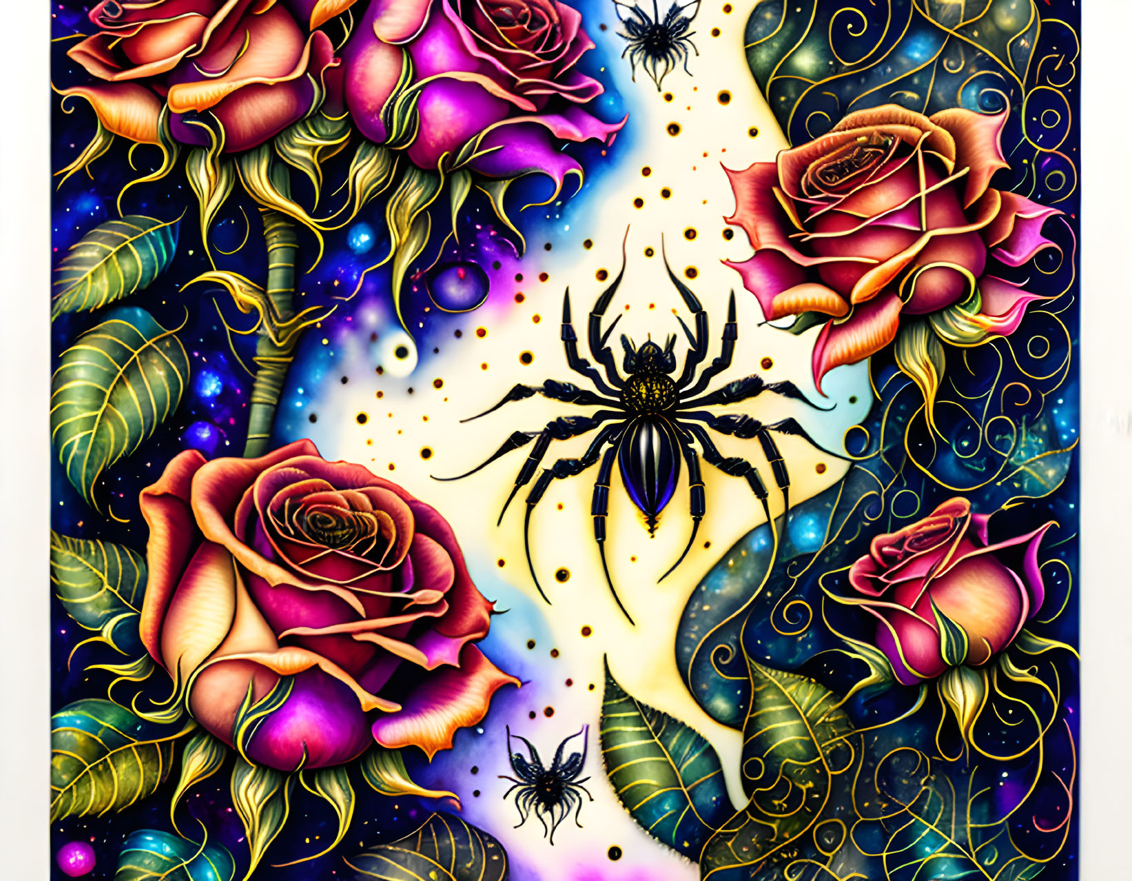 Detailed red roses with golden highlights and dark spiders on a cosmic blue background