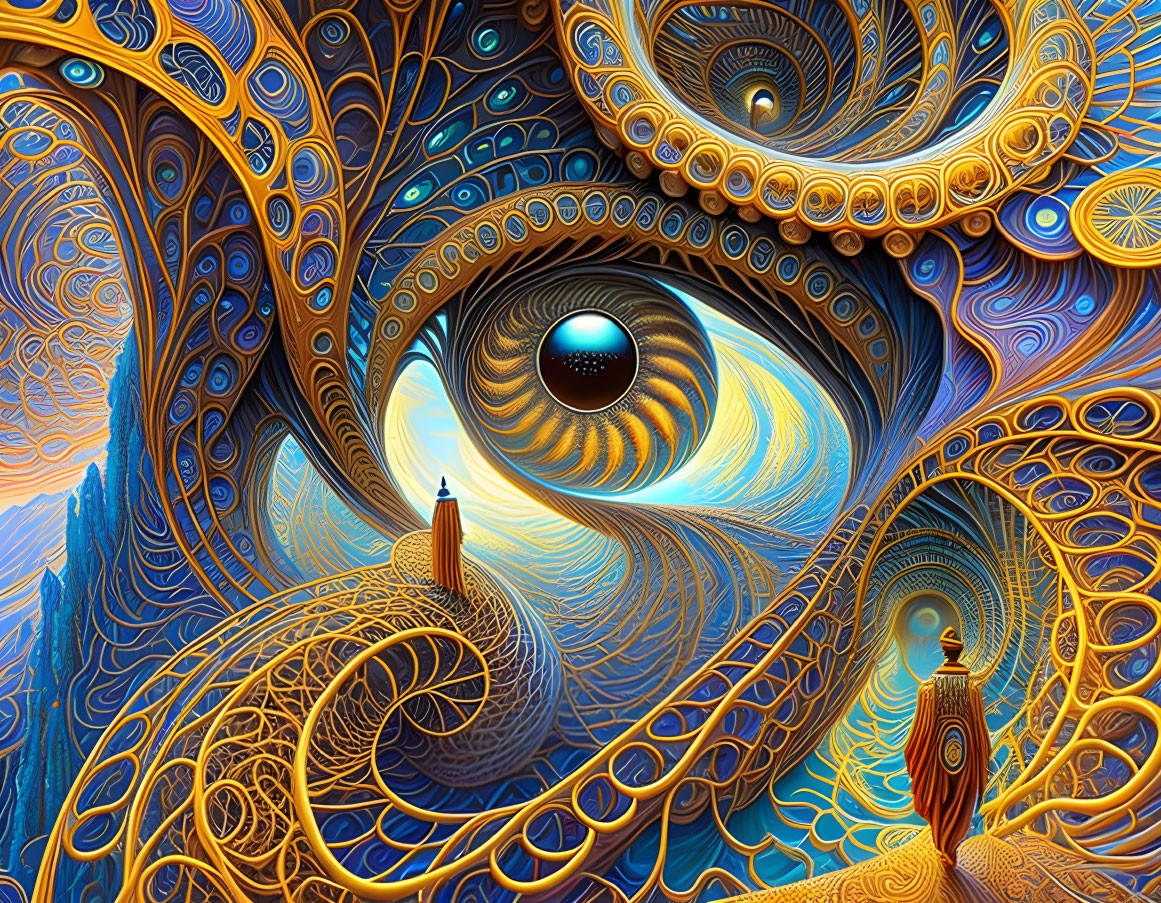Surreal blue and gold illustration with cloaked figures and mysterious orb