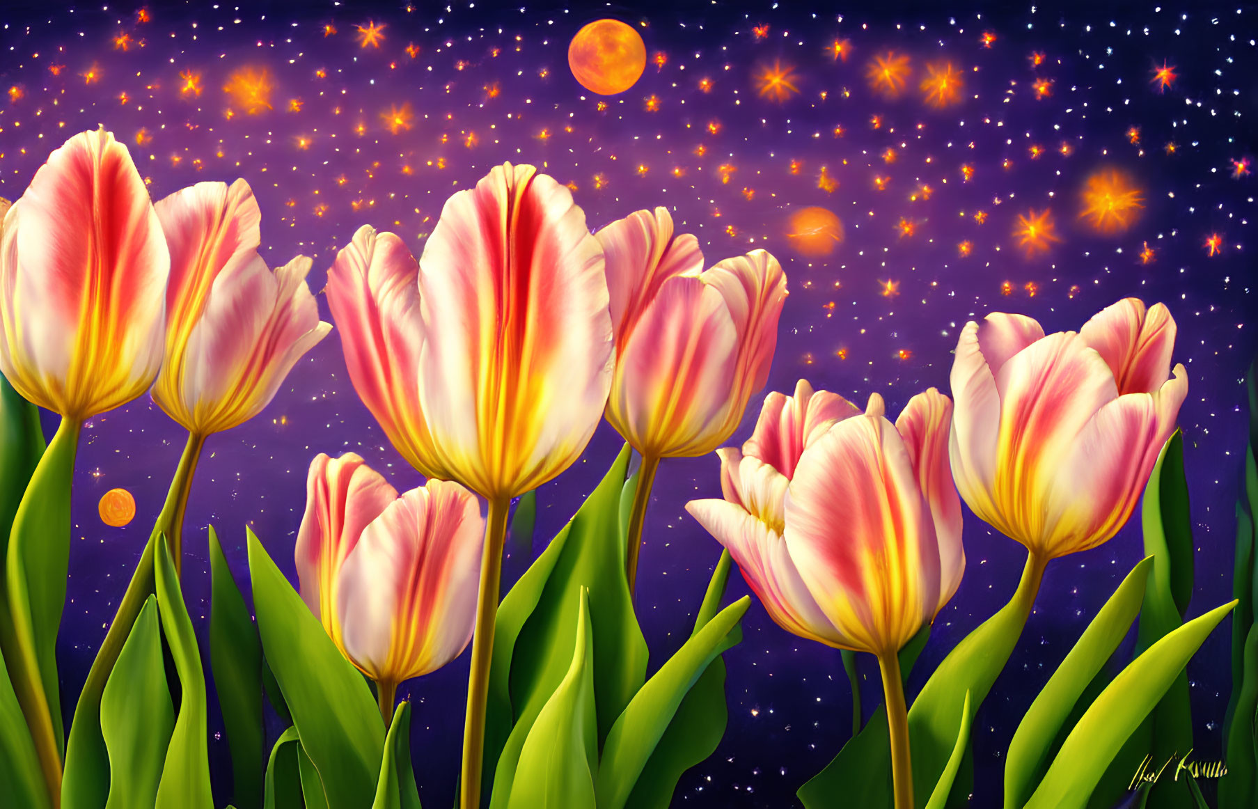Vibrant Tulips Against a Cosmic Starry Background