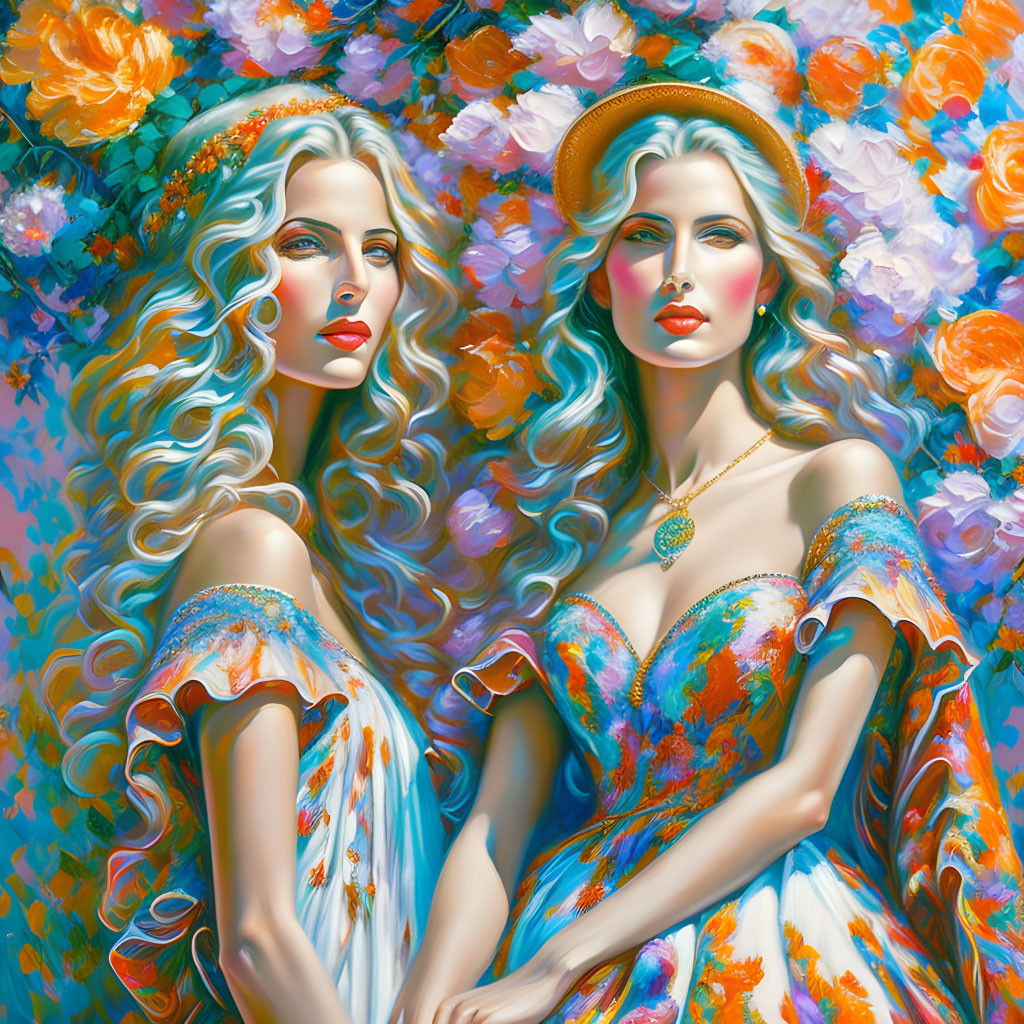 Stylized women with floral hats and rose-patterned dresses in vibrant floral setting