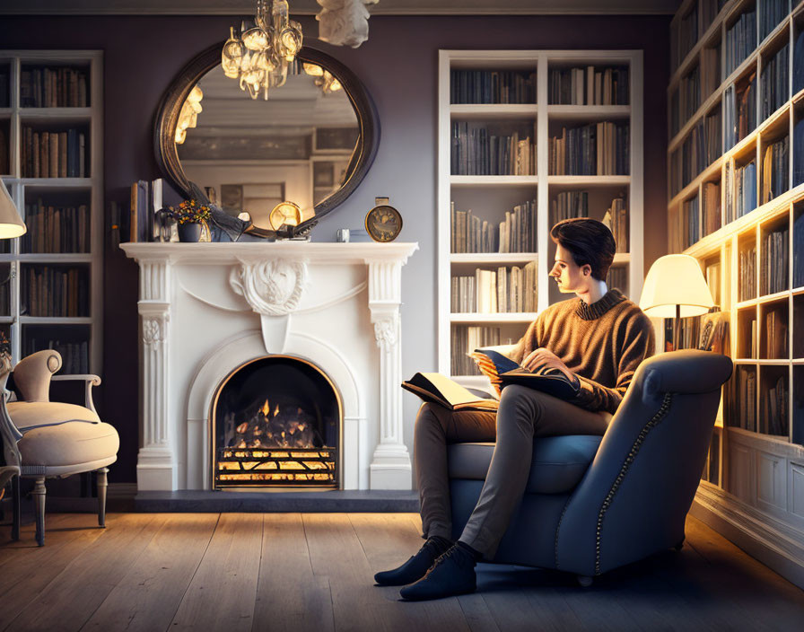 Cozy library room with fireplace and shelves of books