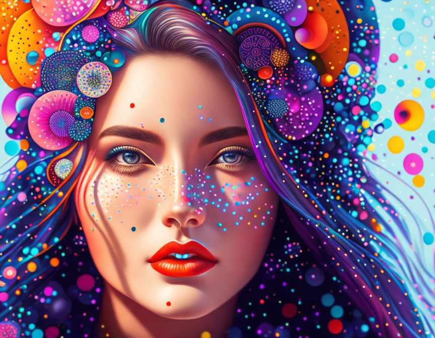 Vibrant digital artwork of a woman with flowing hair and psychedelic patterns