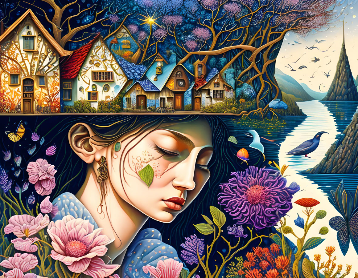 Woman's profile merges with whimsical landscape of houses, flora, lake & starlit sky