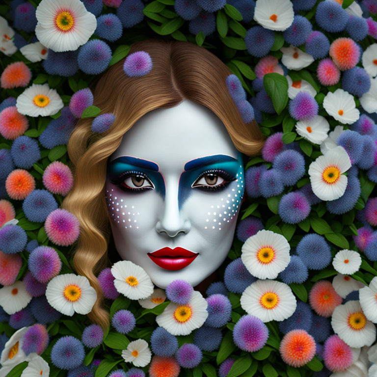 Surreal portrait: Woman with blue makeup and colorful flowers