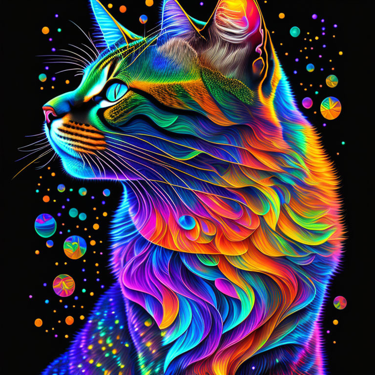 Colorful Psychedelic Cat Illustration on Black Background