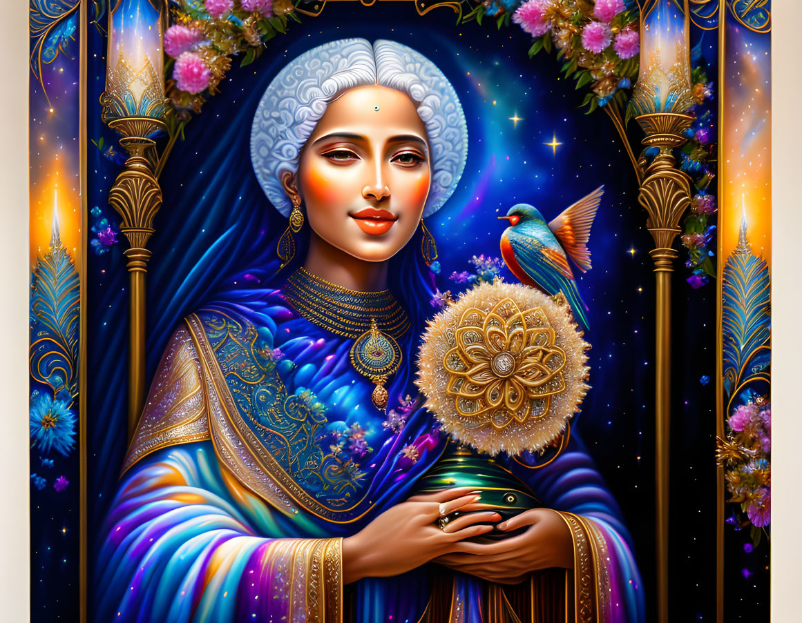 Blue-skinned woman in traditional blue and gold attire with ornate object and bird.