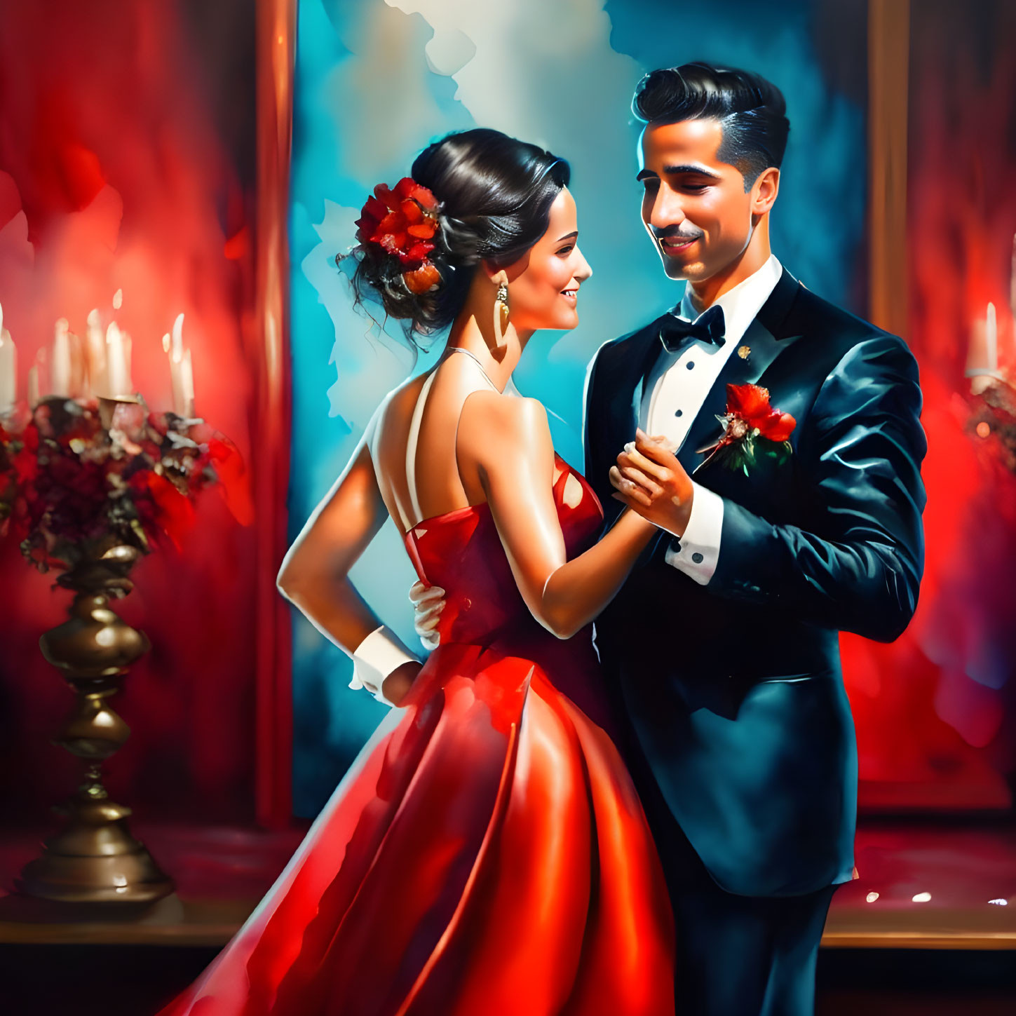 Formal attire couple dancing intimately in warm, romantic lighting