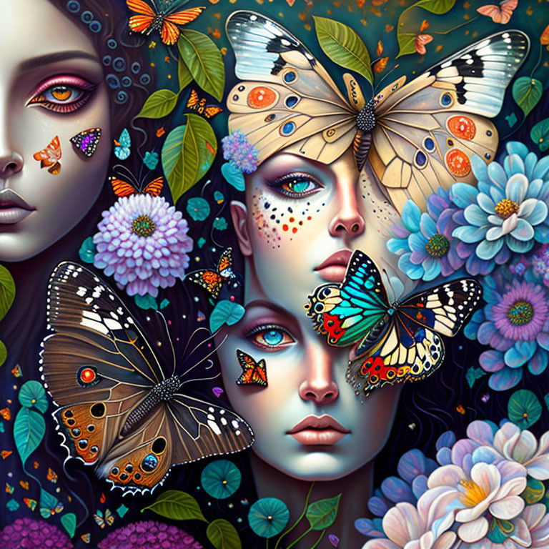 Colorful Woman's Face Surrounded by Butterflies and Flowers