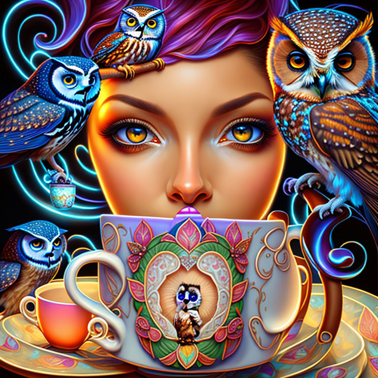 Whimsical Portrait of Woman with Colorful Owls and Teacup