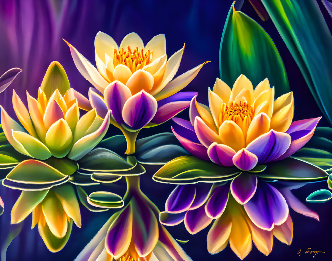 Colorful digital painting of lotus flowers on dark water