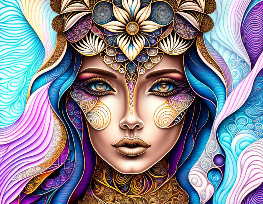 Colorful digital artwork of woman with ornate headwear and swirling patterns